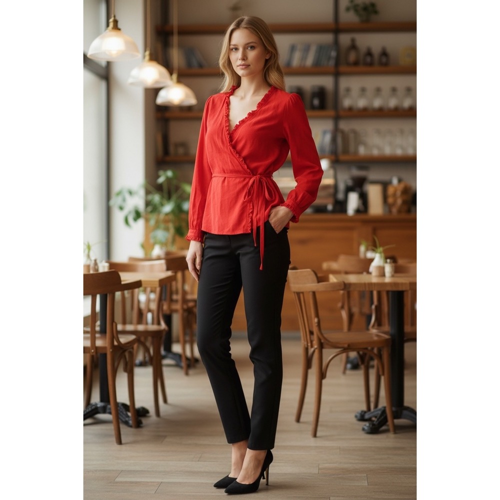 LOFT Petites Red Ruffle V Neck Wrap Long Sleeve Peplum Top Size MP - Picture 2 of 5